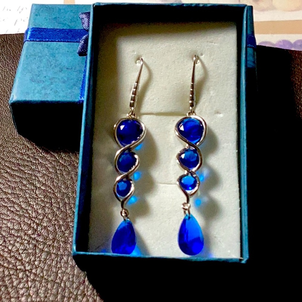 Rhodium Plated Navy Blue Stones Long Earrings